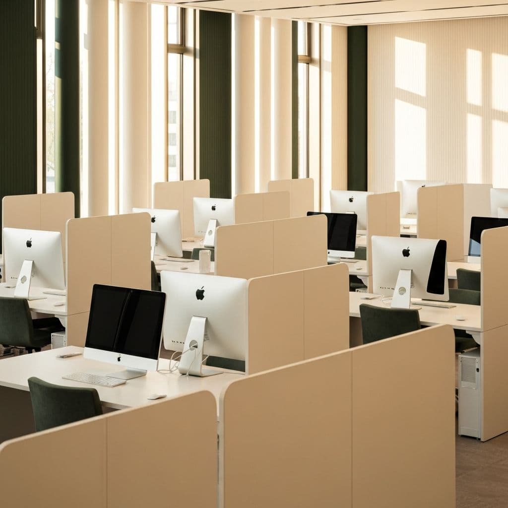 The Honest assessment hall - rows of standardised workstations in a premium, naturally-lit environment