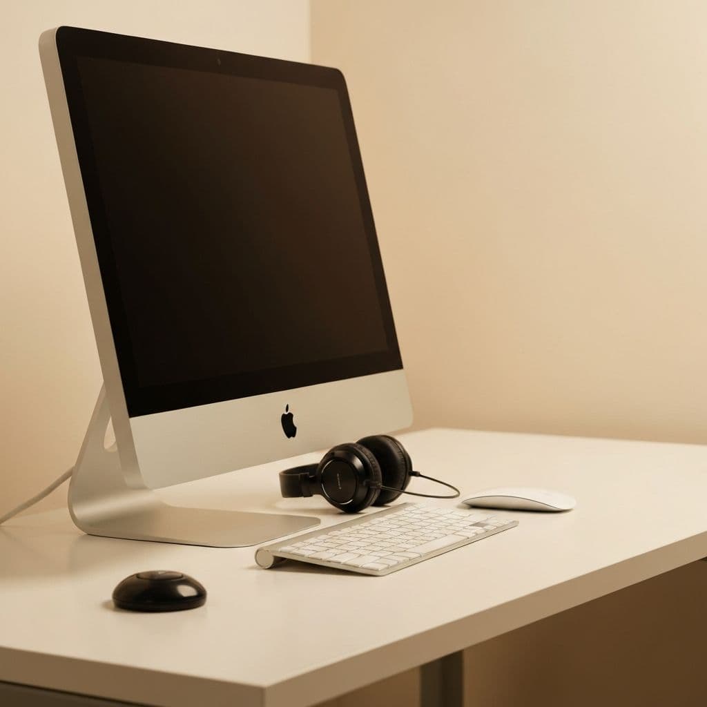 Close-up of a single Honest workstation with Apple M1 and peripherals